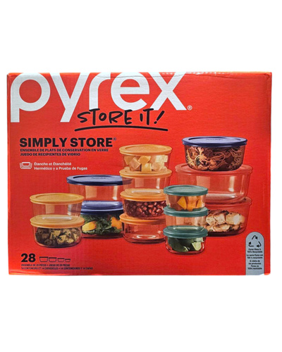 Pyrex Simply Store 28 szt. - Zestaw szklanych pojemników z pokrywkami do przechowywania żywności